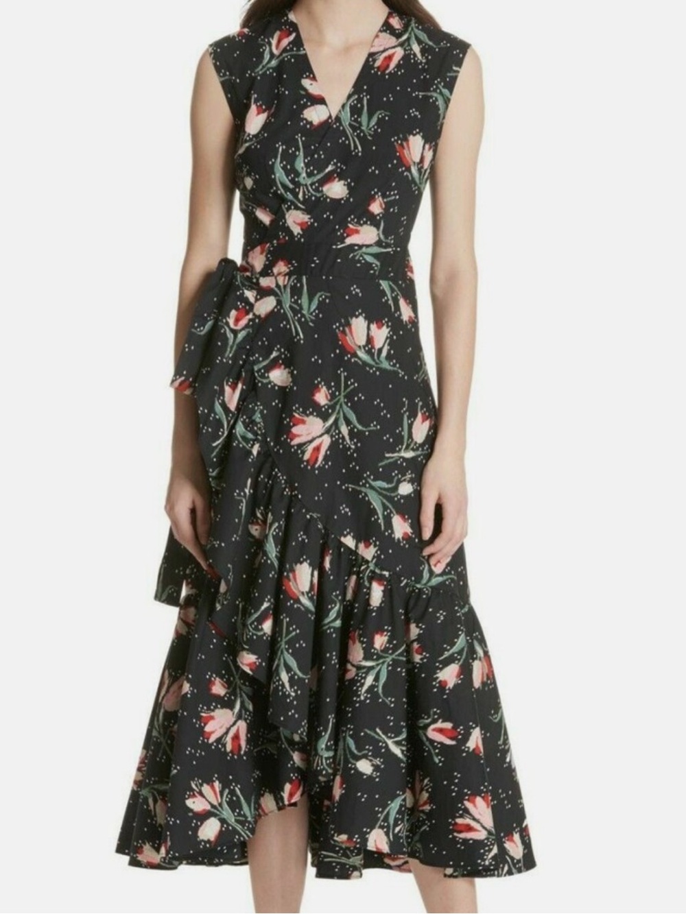 REBECCA TAYLOR Sz 10 Dress Black Floral Tulip Ikat Ruffle Cotton Wrap Midi.